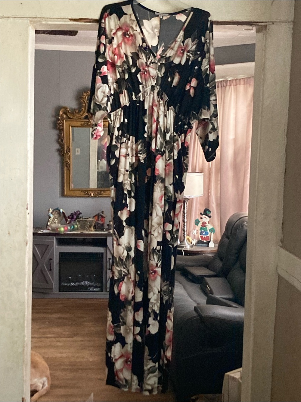 white birch Black Floral Maxi Jumpsuit with Pink and Cream Blooms Runs big